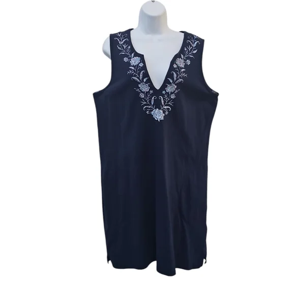 Lands End Womens Embroidered Cotton Jersey Dress Size XL Navy Blue Sleeveless - Picture 4 of 4
